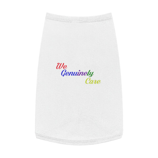 A white skirt with the words " we genuinely care ".