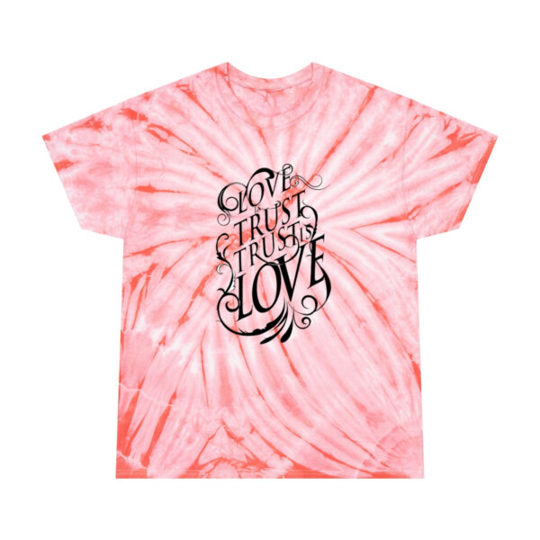 A pink tie dye shirt with the words " one strange love ".