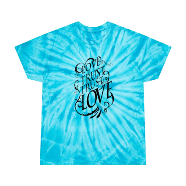 A blue tie dye t shirt with the words " love " written on it.