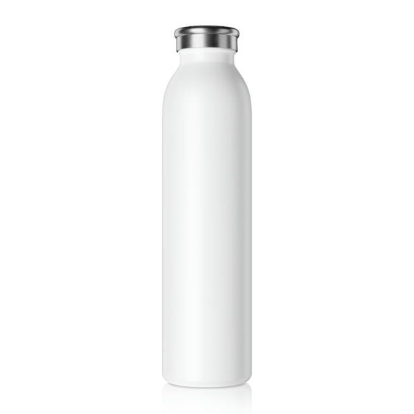 A white bottle with a silver lid on a white surface.