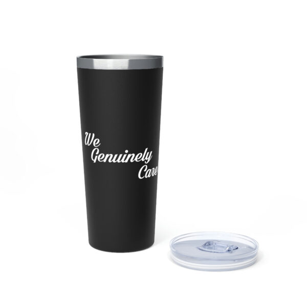 A black cup with the words " my genuinely cares ".