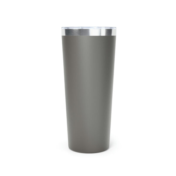 A gray cup with a silver lid on top of it.