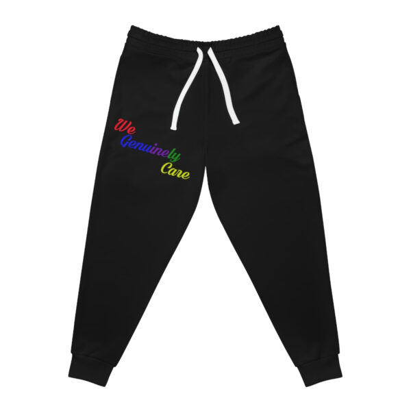 A black sweatpants with the word " rainbow " on it.