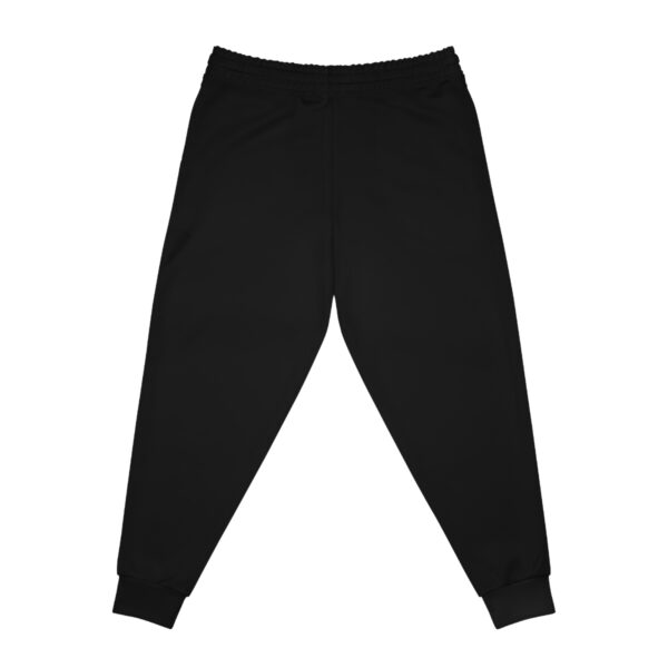 A pair of black pants with a white logo on the front.