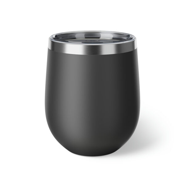 A black cup with a metal lid on top of it.