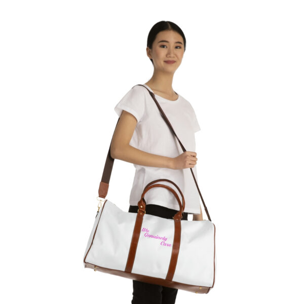 A woman holding onto a white bag