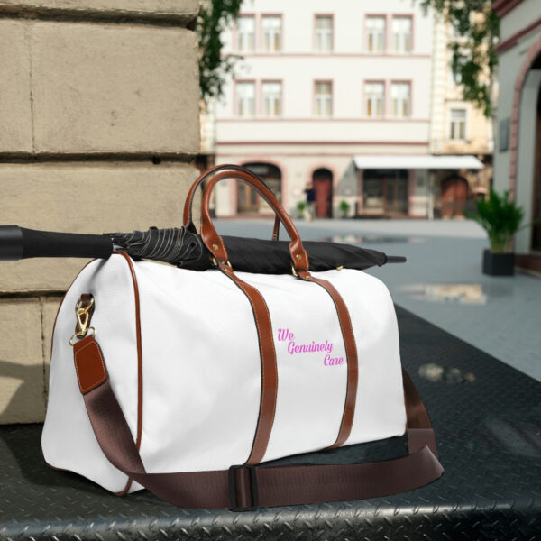 A white bag sitting on top of a table.