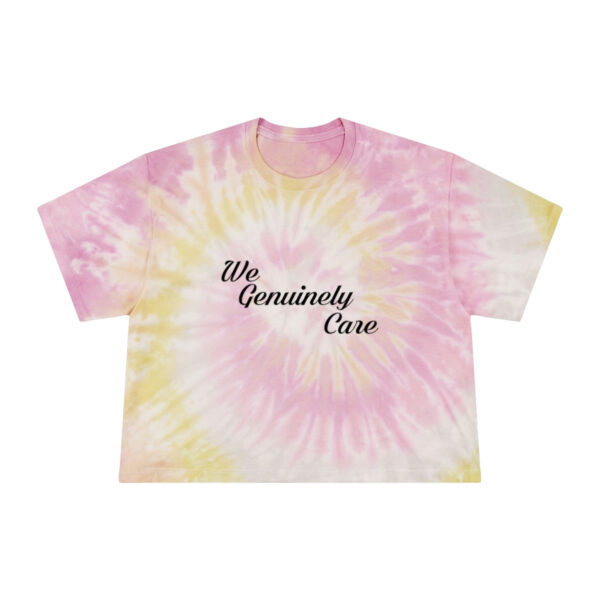 A pink and yellow tie dye shirt with the words " we genuinely care ".