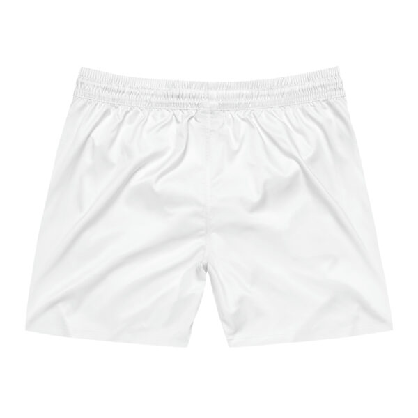 A pair of white shorts with a black and white logo.