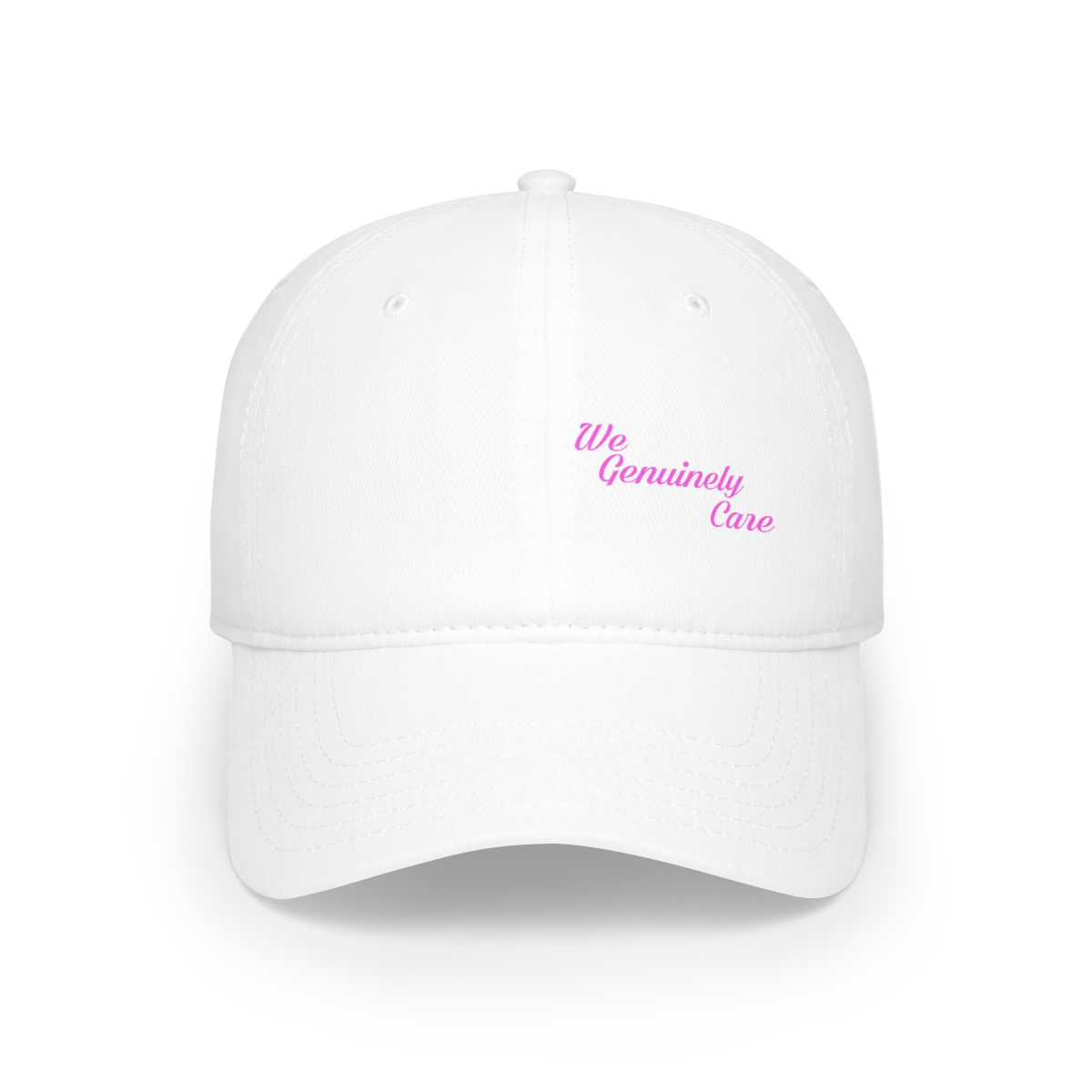 A white hat with pink lettering on it.