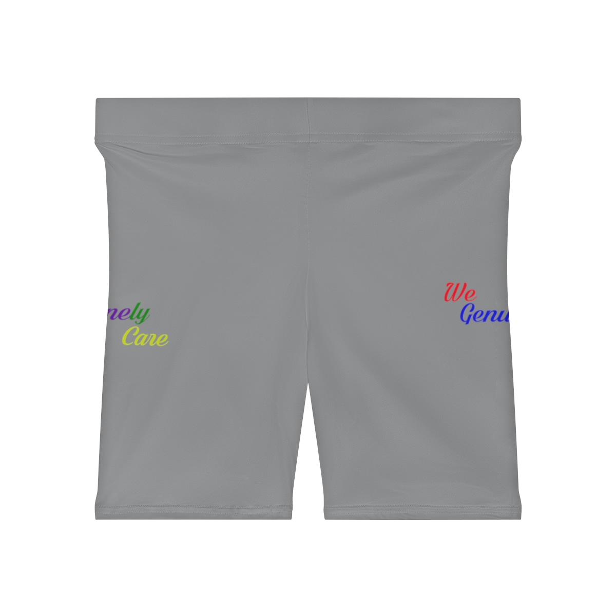 A gray pair of shorts with colorful writing on them.