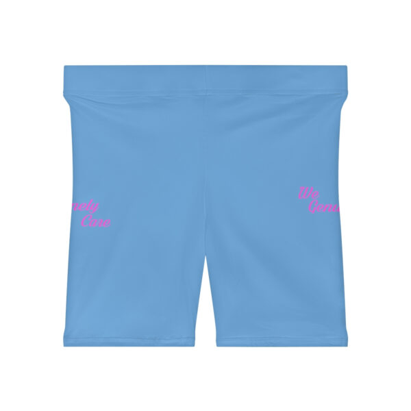 A blue short with pink flamingos on it